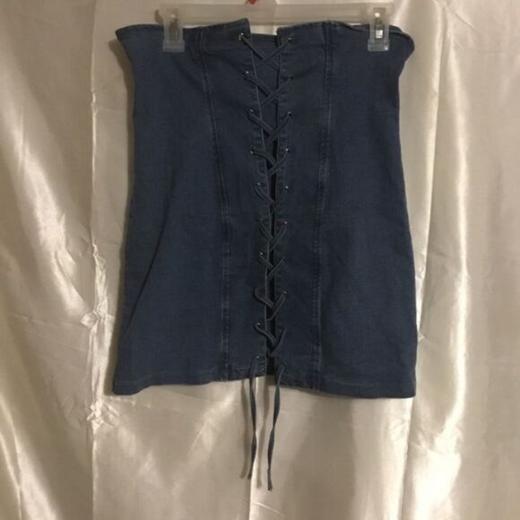 SHEIN Dresses & Skirts - Shein Lace up High Waisted Corset Denim Jean Zip Up Skirt M
